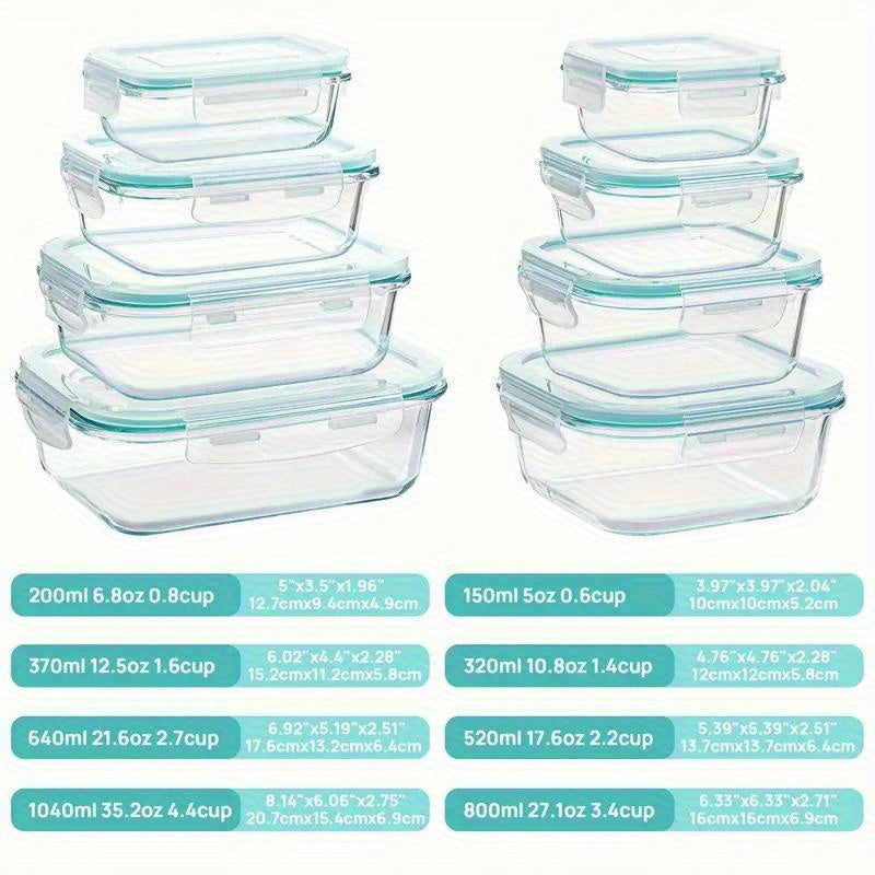 16pcs large capacity glass container set - Insulated lunch box, lunch box, leak-proof bento box with locking lid, Food & Dish Transport-Bus Tubs, microwave, Oven, refrigerator safe. Perfect for home, kitchen, office, lunch, restaurant storage.