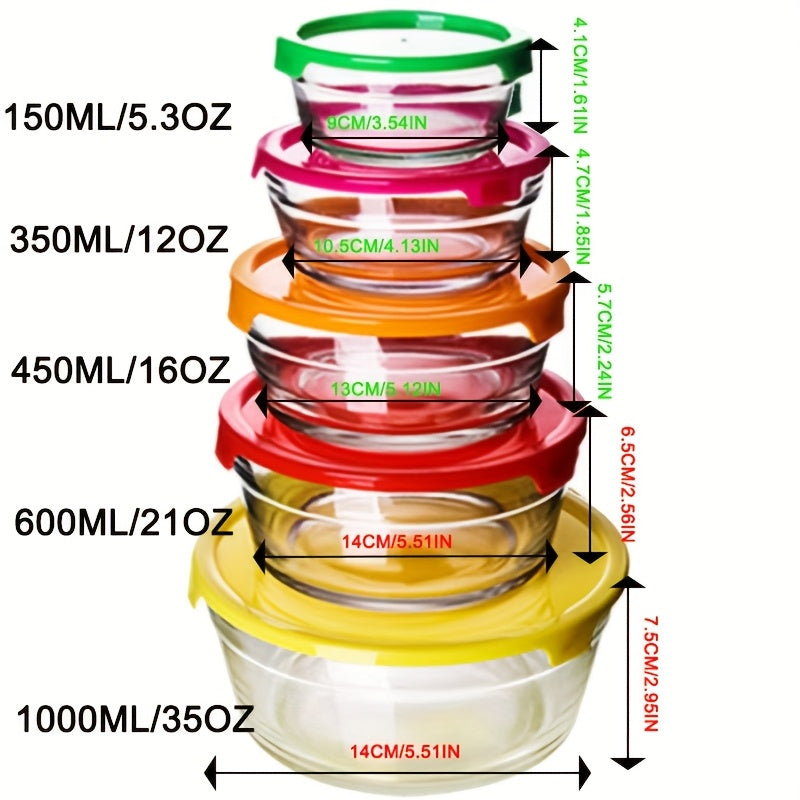 5-Pack Glass Food Storage Containers with Airtight Snap-Lock Lids - Microwave, Oven, Freezer & Dishwasher Safe, 5 Vibrant Colors (Red, Green, Blue, Yellow, Orange) - Reusable Round Meal Prep Containers for Lunch, Office, Kitchen Organization, Glass Food